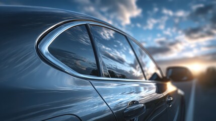 Obraz premium A sleek car captured at sunset, showcasing smooth curves and reflective surfaces against a dramatic sky.