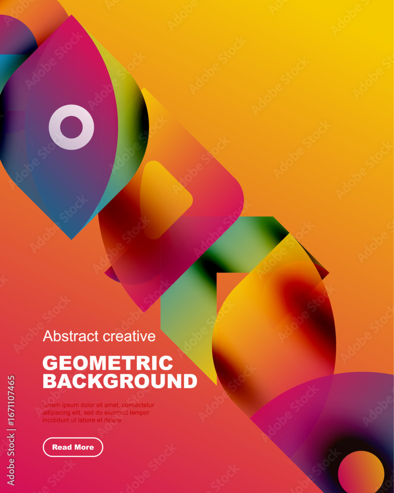 Poster vibrant geometric shapes overlap, creating dynamic colorful background. modern design features gradi