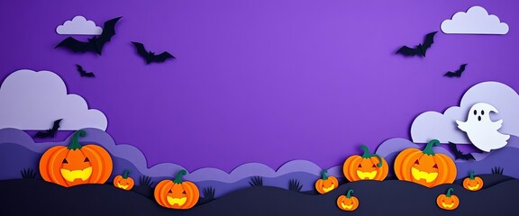 Cute paper cut pumpkins, bats, ghosts in night clouds on violet background Halloween sale banner,  craft,  mystical
