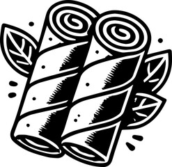 Obraz premium Illustration of two spring rolls with leaves and small dots in black and white style drawing art