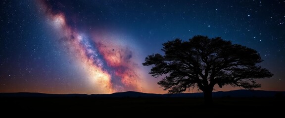 Fototapeta premium Dark acacia tree silhouette against vibrant Milky Way, Masai Mara, Kenya, night sky, dramatic