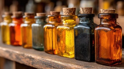 Row of small, colorful glass bottles with cork tops on a rustic wooden shelf