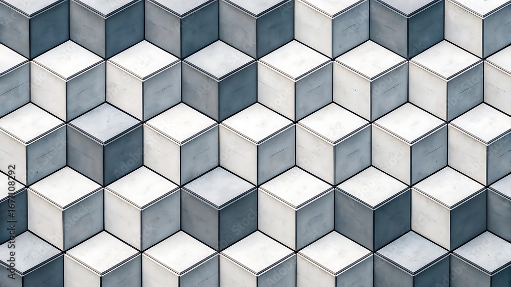 Poster abstract geometric cubes pattern in gray and white creating a three dimensional illusion