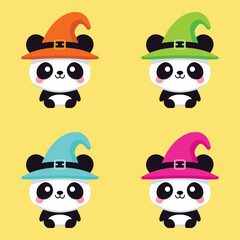 Vector Cartoon Set of Pandas in Halloween Hats