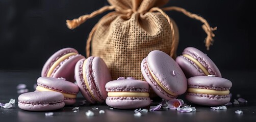 Naklejka premium Delicate purple & cream macarons playfully encircle a rustic burlap bag against a dark backdrop, sweets, picture