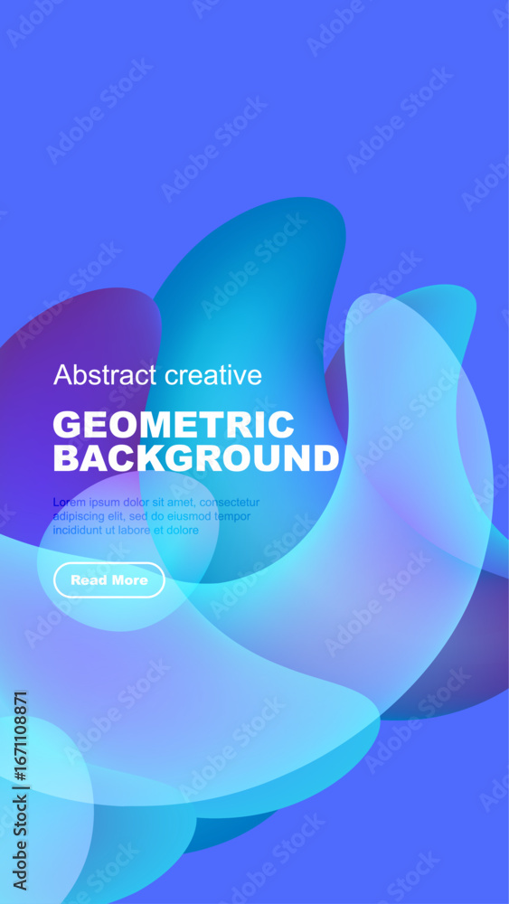Poster abstract background features vibrant blue, purple shapes. text reads geometric background with butto
