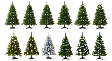 Obraz premium Collection of Decorated and Undecorated Christmas Trees on White Background evergreen pine