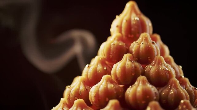 Hot modak sweets stacked in pyramid shape with rising steam on dark background