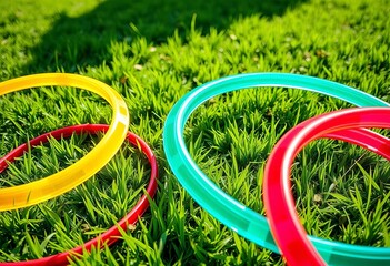 Colorful plastic hoops twirled on vibrant green grass in summer sunlight, joyful, sport
