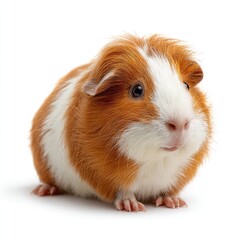 Fluffy guinea pig, reddish-brown and white, seated