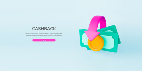 3d cashback banknote landing page. Realistic stack banknotes with gold coin, pink arrows around. Money saving, transfer, exchange concept. Banner cash refund. Vector illustration on blue background.