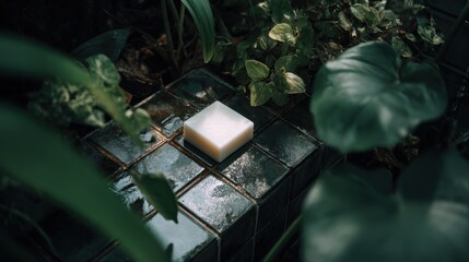 White soap on dark tiles surrounded by greenery