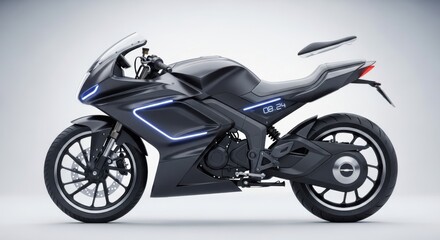 Fototapeta premium Sleek Modern Black Motorcycle with Neon Accents | Futuristic Design for Automotive, Technology, and Lifestyle Advertising