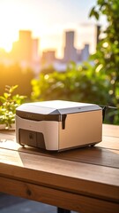 A pristine white box sits elegantly on a polished wooden table, its smooth surface reflecting soft light, creating a serene and minimalist atmosphere.