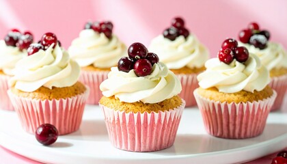Delicious cupcakes with cream topping and cranberry on a white tray with pink background