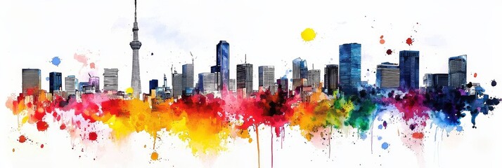 A colorful watercolor representation highlighting Tokyo's urban architecture.