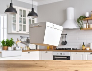 A sleek white box hangs gracefully from the ceiling, casting soft shadows on the floor below, creating a minimalist and modern aesthetic in the room.