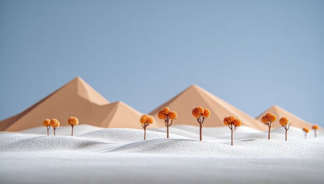 Miniature desert landscape with small trees.