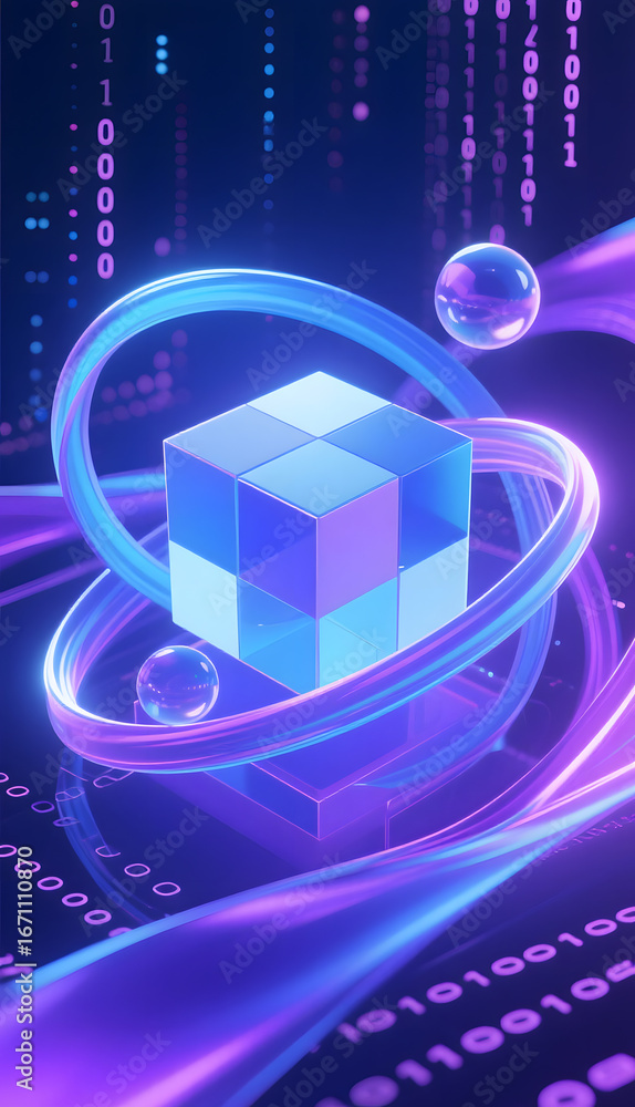Poster a glowing cube encircled by neon rings against a binary code backdrop