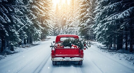 Red pickup truck loaded with Christmas tree and gifts in snow image photo