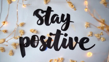 Obraz premium Inspirational Black Lettering Stay Positive on White Background Decorated with Small Dried Flowers and Warm Lights