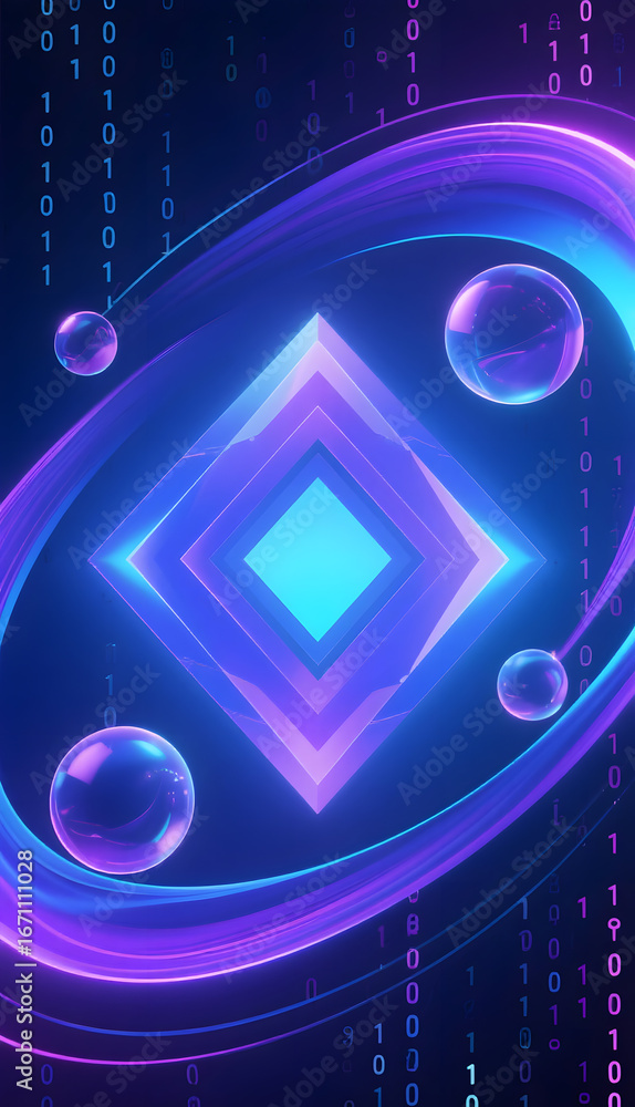Poster neon geometric design with spheres and binary code background