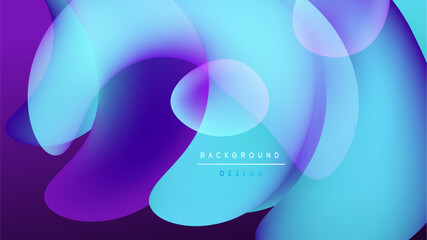 Abstract fluid shapes blend, creating vibrant color gradients. Dark background emphasizes luminous blues, purples, pinks. Modern design element.