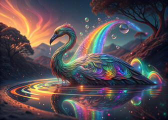 Rainbow iridescent birdlike creature in a tranquil pool reflecting vibrant colors and a magical rainbow arc with glowing bubbles at sunset in a fantastical landscape