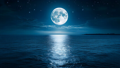Full moon illuminates the tranquil ocean at night, casting a silvery glow on the water's surface under a starry sky, creating a serene and magical atmosphere.