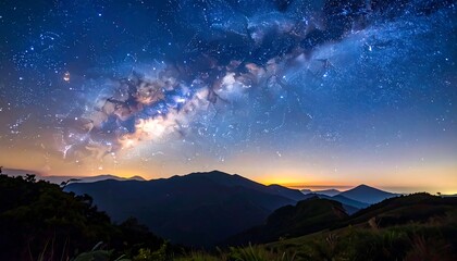 Fototapeta premium Celestial Spectacle The Milky Way Arching Over Majestic Mountain Silhouettes at Dusk