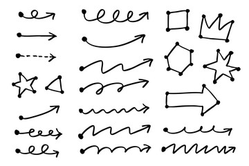 手描きモノクロ矢印と図形セット — シンプル線画の矢印・星・三角形イラスト素材