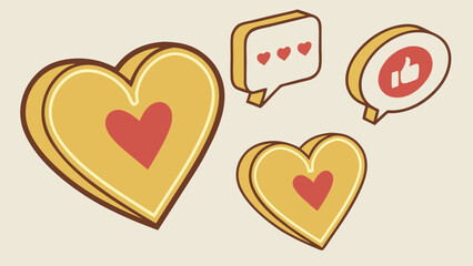 Heart-shaped icons with like and love symbols isometric design social media app design website elements Valentines Day love affection feedback rating review approval positive reaction comment communi.