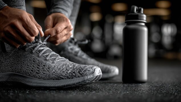 Close-up of tying athletic shoes in gym