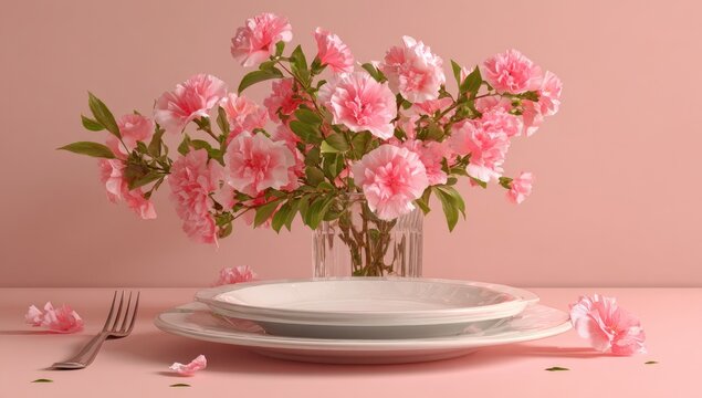 Pink flowers in vase, simple table setting