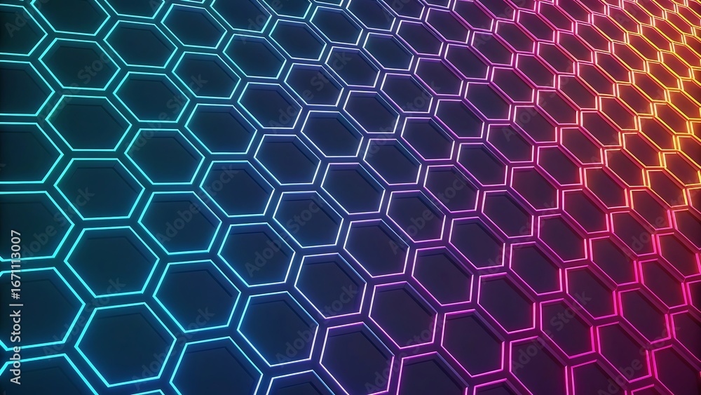 Poster futuristic honeycomb pattern with vibrant neon gradient a modern abstract design wallpaper for techn