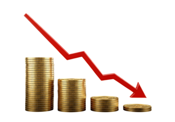 Stacks of gold coins with a red downward trending arrow, isolated on transparent background