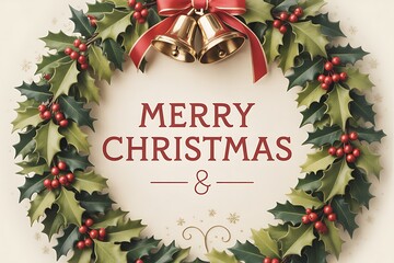 Elegant Merry Christmas holiday wreath with golden bells and red ribbon for festive seasonal greetings