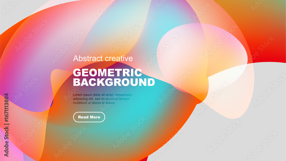 Poster vibrant abstract shapes overlap, creating dynamic colorful background. text present, button visible.