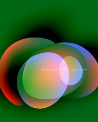 Abstract colorful shapes overlap on green backdrop. Soft gradients create fluid visual effect. Design feels modern, vibrant.