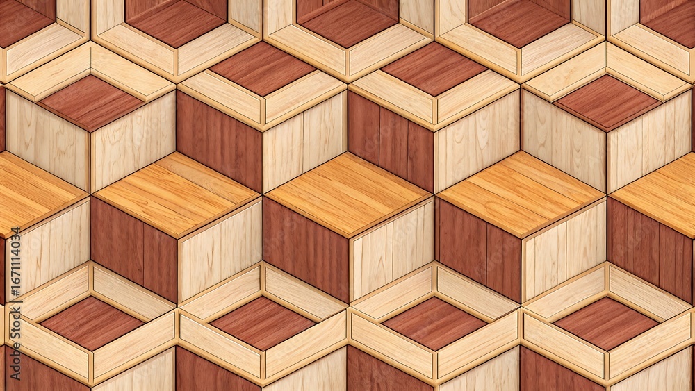 Poster geometric wood pattern background with interlocking cubes and diamond shapes creating an abstract de