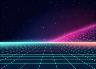 Retro Futuristic Holographic Gradient Background Teal Pink Grid Cyberpunk Synthwave 80s Style Night Sky Starscape
