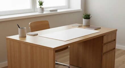 Wooden desk with office supplies and a chair