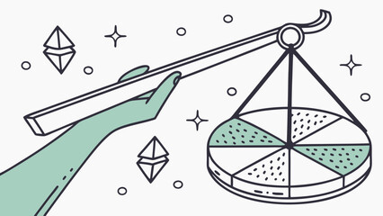 Hand holding scales with pie chart and crystals balance equilibrium proportion harmony design element.