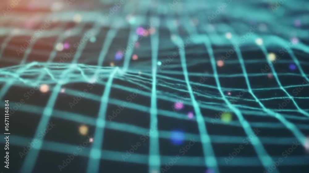 Poster abstract wavy grid background with colorful particles floating in a dark space