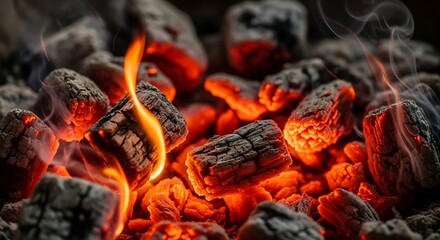 Burning Charcoal with Flames and Smoke.