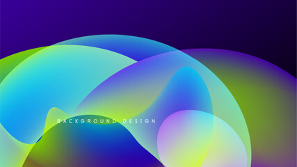 Abstract fluid shapes blend, creating vibrant color gradients. Dark background emphasizes luminous curves, modern design element.