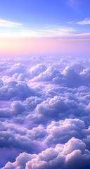 Fluffy clouds drift peacefully under a pastel sky at sunrise, creating a serene and ethereal atmosphere high above the earth, evoking tranquility.
