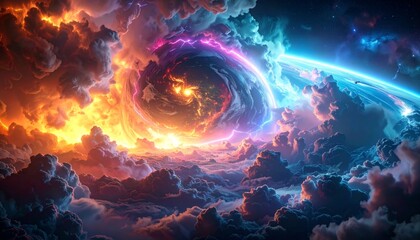 Obraz premium A gas giant atmosphere with layers of swirling neon clouds, lightning storms flashing