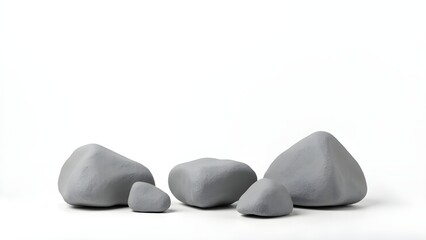 Large smooth gray boulders with natural cracks isolated on clean white background in minimal flat lay style