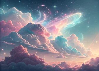 Dreamlike Pastel Holographic Cloudscape with Luminous Celestial Swirls Pink Blue Teal and Purple Hues Soft Fluffy Cloudscape Fantasy Sky Celestial Bodies Stars Glowing Lightscape